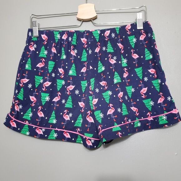Santa’s Treasures Christmas Shorts Pajamas Size Medium Blue Flamingo Xmas Tree - Picture 7 of 11